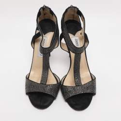 Pre Owned Jimmy Choo Black Suede Glint Rhinestone Strappy Sandals Size 38.5