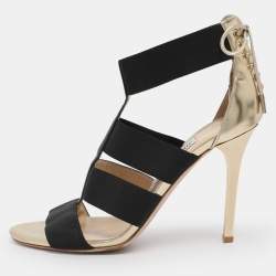 Pre Owned Jimmy Choo Gold/Black Leather And Elastic Cage Sandals Size 38.5