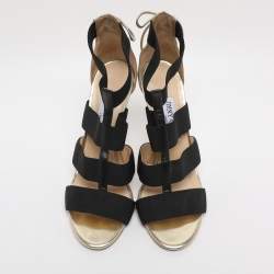 Pre Owned Jimmy Choo Gold/Black Leather And Elastic Cage Sandals Size 38.5