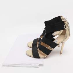 Pre Owned Jimmy Choo Gold/Black Leather And Elastic Cage Sandals Size 38.5