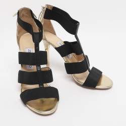 Pre Owned Jimmy Choo Gold/Black Leather And Elastic Cage Sandals Size 38.5