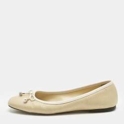 Pre Owned Jimmy Choo Beige/White Leather and Raffia Elme Bow  Ballet Flats Size 40