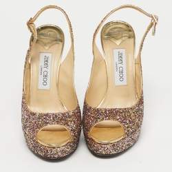 Pre Owned Jimmy Choo Multicolor Glitter Accents Peep Toe Slingback Pumps Size 38