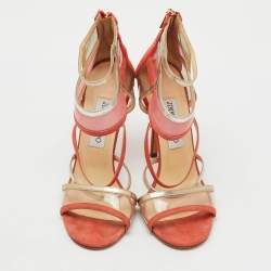 Pre Owned Jimmy Choo Orange/Metallic Suede, PVC and Leather Strappy Sandals Size 38