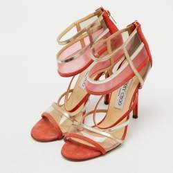 Pre Owned Jimmy Choo Orange/Metallic Suede, PVC and Leather Strappy Sandals Size 38