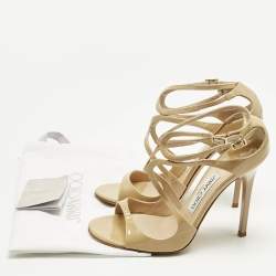 Pre Owned Jimmy Choo Beige Patent Leather Lance Ankle Strap Sandals Size 38
