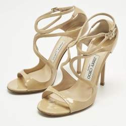 Pre Owned Jimmy Choo Beige Patent Leather Lance Ankle Strap Sandals Size 38
