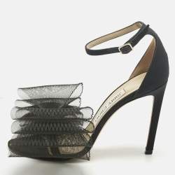 Pre Owned Jimmy Choo Black Canvas and Net Aveline Ankle Strap Sandals Size 36