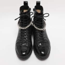 Pre Owned Jimmy Choo Black Patent Leather Cruz Combat Boots Size 37.5