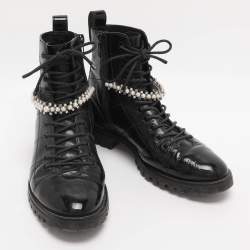 Pre Owned Jimmy Choo Black Patent Leather Cruz Combat Boots Size 37.5