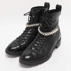 Pre Owned Jimmy Choo Black Patent Leather Cruz Combat Boots Size 37.5
