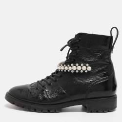 Pre Owned Jimmy Choo Black Patent Leather Cruz Combat Boots Size 37.5