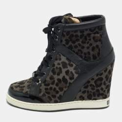 Pre Owned Jimmy Choo Brown/Black Leopard Print Calf Hair and Leather Wedge Sneakers Size 37