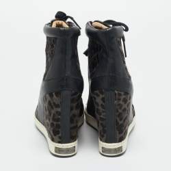 Pre Owned Jimmy Choo Brown/Black Leopard Print Calf Hair and Leather Wedge Sneakers Size 37