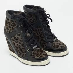 Pre Owned Jimmy Choo Brown/Black Leopard Print Calf Hair and Leather Wedge Sneakers Size 37