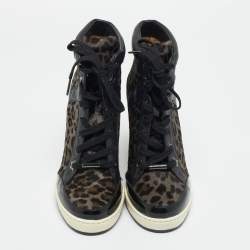 Pre Owned Jimmy Choo Brown/Black Leopard Print Calf Hair and Leather Wedge Sneakers Size 37