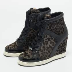 Pre Owned Jimmy Choo Brown/Black Leopard Print Calf Hair and Leather Wedge Sneakers Size 37