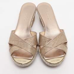 Pre Owned Jimmy Choo Gold Woven Raffia Panna Wedge Sandals Size 36