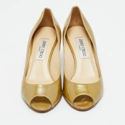 Pre Owned Jimmy Choo Metallic Patent Leather Evelyn Peep Toe Pumps Size 36