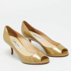 Pre Owned Jimmy Choo Metallic Patent Leather Evelyn Peep Toe Pumps Size 36