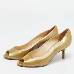 Pre Owned Jimmy Choo Metallic Patent Leather Evelyn Peep Toe Pumps Size 36
