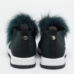 Pre Owned Jimmy Choo Green Fur and Lurex Fabric Norway Pom Pom Sneakers Size 36.5