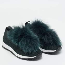 Pre Owned Jimmy Choo Green Fur and Lurex Fabric Norway Pom Pom Sneakers Size 36.5