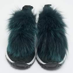 Pre Owned Jimmy Choo Green Fur and Lurex Fabric Norway Pom Pom Sneakers Size 36.5