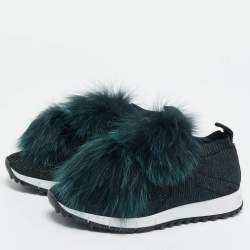 Pre Owned Jimmy Choo Green Fur and Lurex Fabric Norway Pom Pom Sneakers Size 36.5