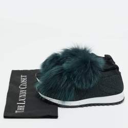Pre Owned Jimmy Choo Green Fur and Lurex Fabric Norway Pom Pom Sneakers Size 36.5