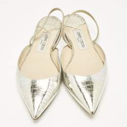 Pre Owned Jimmy Choo Silver/Gold Croc Embossed Leather Genoa Flat Mules Size 40