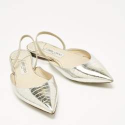 Pre Owned Jimmy Choo Silver/Gold Croc Embossed Leather Genoa Flat Mules Size 40