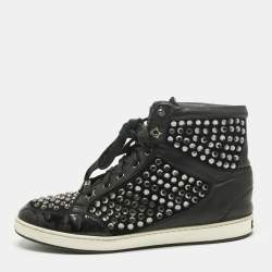 Pre Owned Jimmy Choo Black Leather and Suede Crystal Embellish High Top Sneakers Size 37