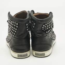 Pre Owned Jimmy Choo Black Leather and Suede Crystal Embellish High Top Sneakers Size 37