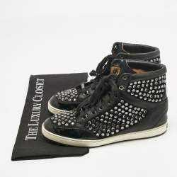 Pre Owned Jimmy Choo Black Leather and Suede Crystal Embellish High Top Sneakers Size 37
