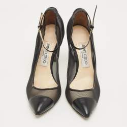 Pre Owned Jimmy Choo Black Leather and Mesh Tower Ankle Strap Pumps Size 37