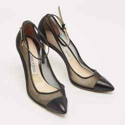 Pre Owned Jimmy Choo Black Leather and Mesh Tower Ankle Strap Pumps Size 37