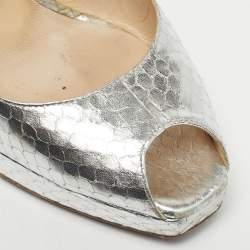 Pre Owned Jimmy Choo Silver Python Embossed Leather Nova Peep Toe Pumps Size 38