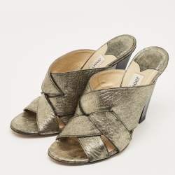 Pre Owned Jimmy Choo Metallic Crisscross Leather Slide Sandals Size 38.5