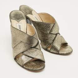 Pre Owned Jimmy Choo Metallic Crisscross Leather Slide Sandals Size 38.5