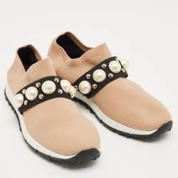 Pre Owned Jimmy Choo Beige Fabric Studded Accents Sneakers Size 37