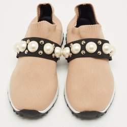 Pre Owned Jimmy Choo Beige Fabric Studded Accents Sneakers Size 37