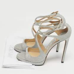 Pre Owned Jimmy Choo Silver Glitter Azia Ankle Strap Sandals Size 38