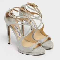 Pre Owned Jimmy Choo Silver Glitter Azia Ankle Strap Sandals Size 38