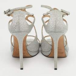 Pre Owned Jimmy Choo Silver Glitter Azia Ankle Strap Sandals Size 38