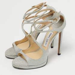 Pre Owned Jimmy Choo Silver Glitter Azia Ankle Strap Sandals Size 38
