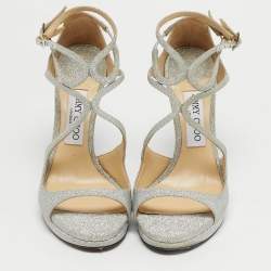 Pre Owned Jimmy Choo Silver Glitter Azia Ankle Strap Sandals Size 38