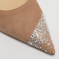 Pre Owned Jimmy Choo Beige Suede Crystal Embellish Love Pumps Size 37.5
