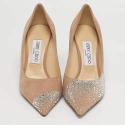 Pre Owned Jimmy Choo Beige Suede Crystal Embellish Love Pumps Size 37.5
