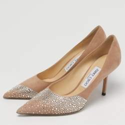 Pre Owned Jimmy Choo Beige Suede Crystal Embellish Love Pumps Size 37.5